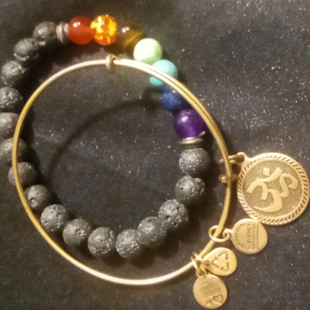 Alex and Ani chakra energy bangle with a chakra aroma therapy beaded bracelet